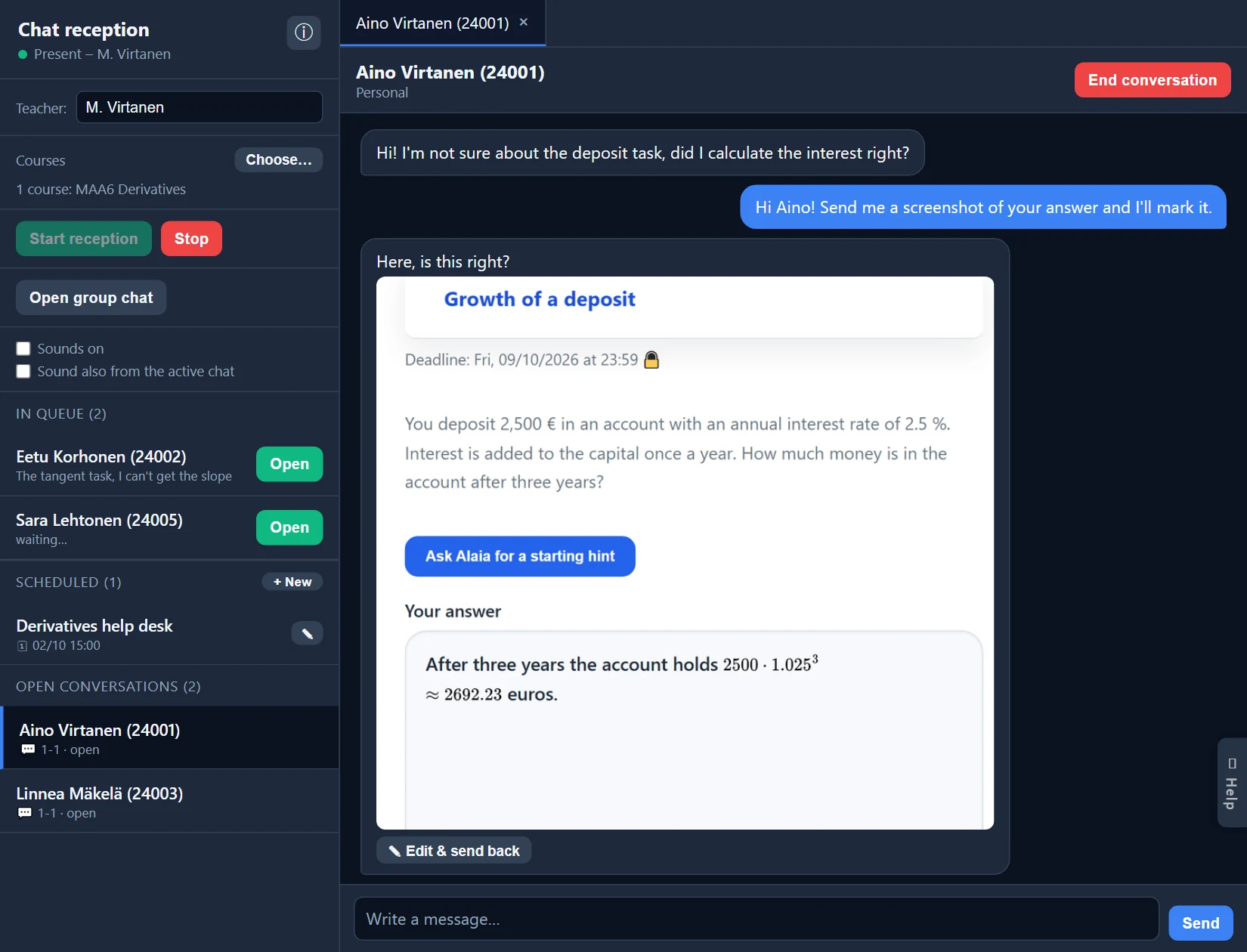 Chat reception in progress: on the left the controls, the queue (with the start of the preliminary message), scheduled receptions and open conversations; on the right a conversation as a tab, the image the student sent and the “✎ Edit &amp; send back” button.