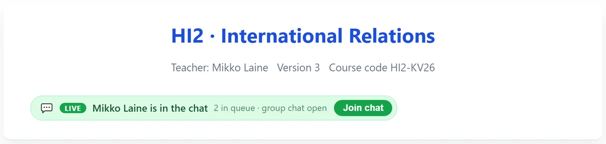 The course page in the student app during a reception: a LIVE row “(teacher) is in the chat”, the number of students queuing and the group chat status, and a Join chat button.