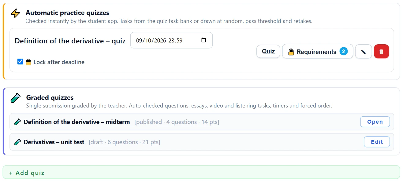 The topic's Quizzes card opens a panel with both automatic practice quizzes and graded quizzes (hybrid quizzes). The graded quiz rows show the status, number of questions and points; a published quiz's row has “Open”, a draft's row has “Edit”.