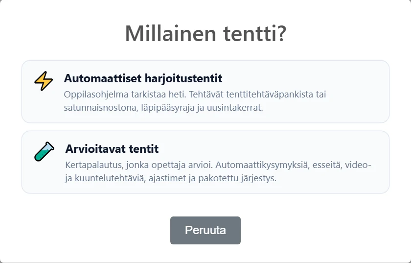 Tentin tyypin valinta. Hybriditentti on “Arvioitavat tentit”.