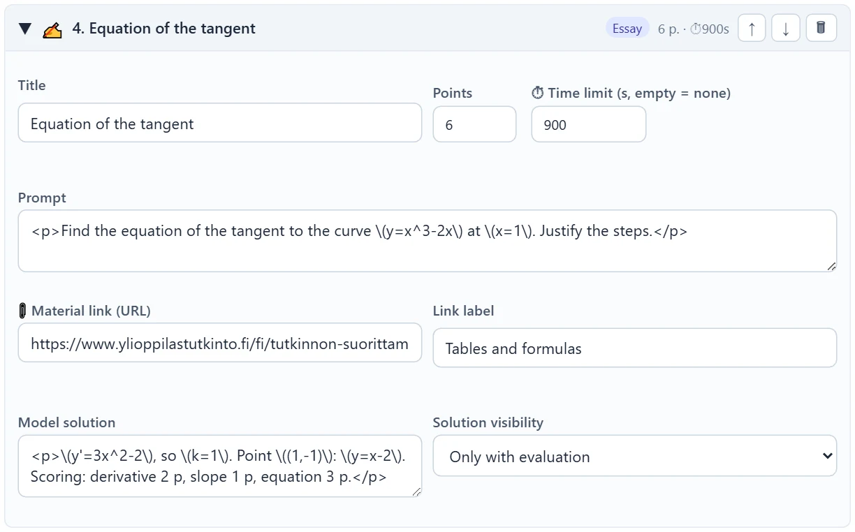 Essay question settings: points, time limit, prompt, material link, model solution and its visibility.