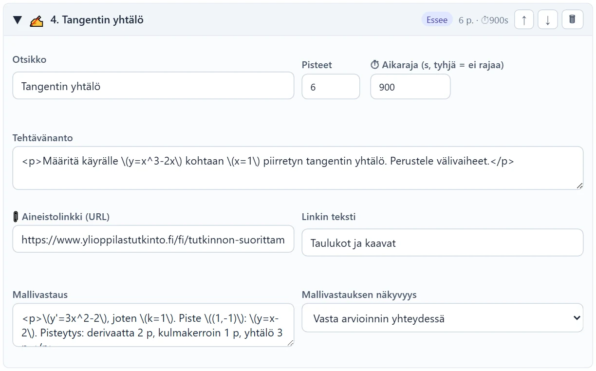 Essee-kysymyksen asetukset: pisteet, aikaraja, tehtävänanto, aineistolinkki, mallivastaus ja sen näkyvyys.