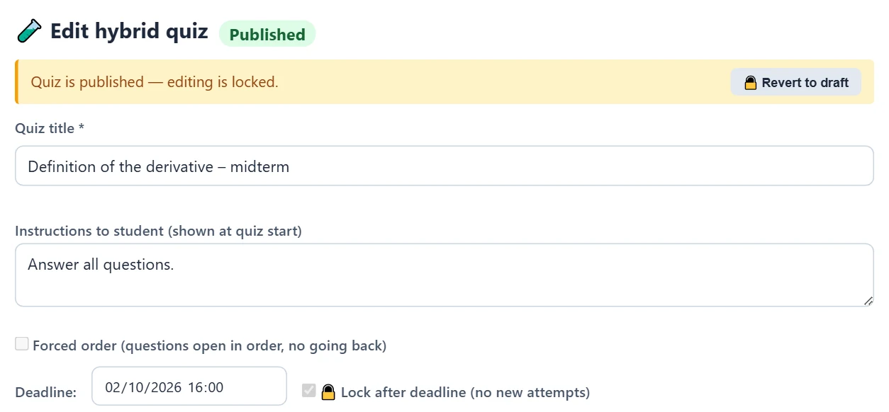 A locked published quiz. “Revert to draft” opens it for editing again.