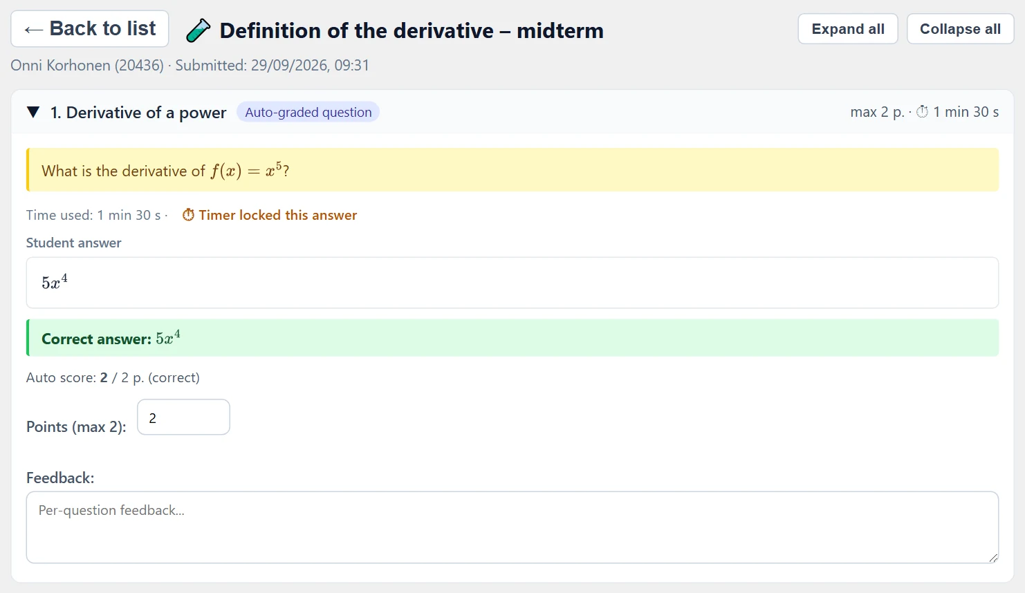 The top of the grading view and the first question card: time used, timer lock, the student's answer, the correct answer and the auto score prefilled in the points field.
