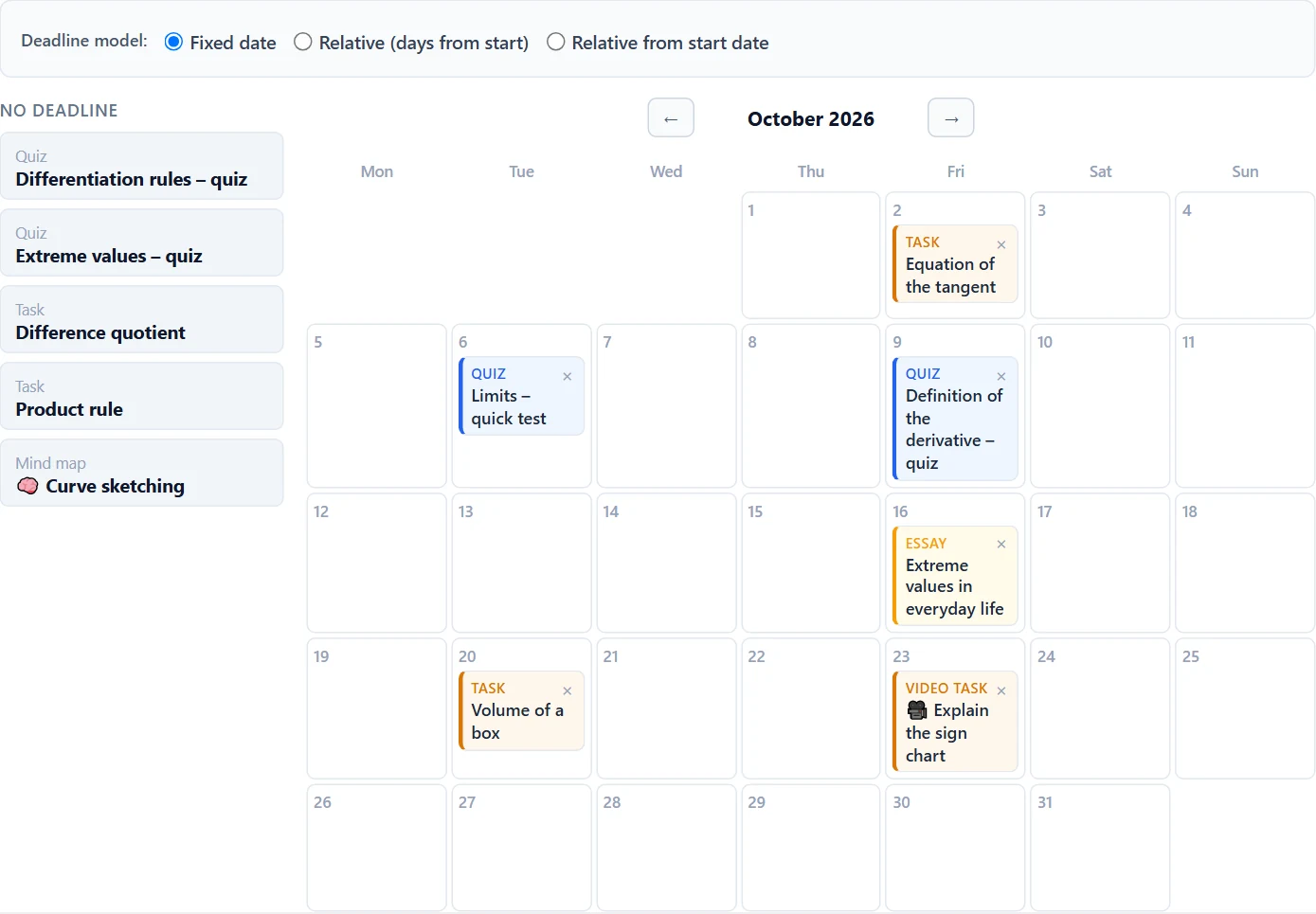 The deadline model at the top, items without a deadline on the left and the monthly calendar on the right, with quizzes (blue), tasks, essays and video tasks.