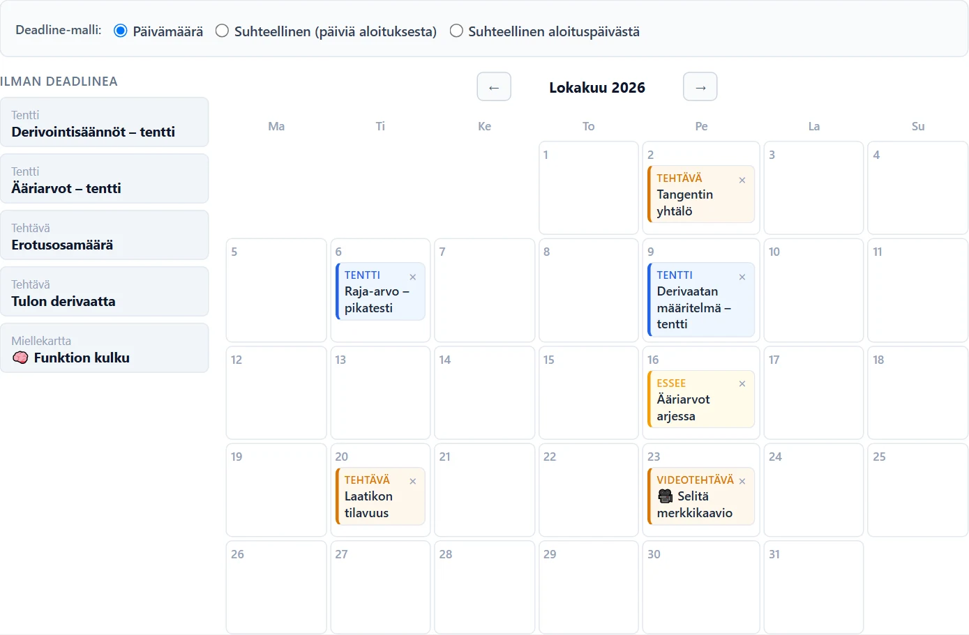 Deadline-malli ylhäällä, vasemmalla deadlinea vailla olevat kohteet, oikealla kuukausikalenteri, jossa tentit (sininen), tehtävät, esseet ja videotehtävät.