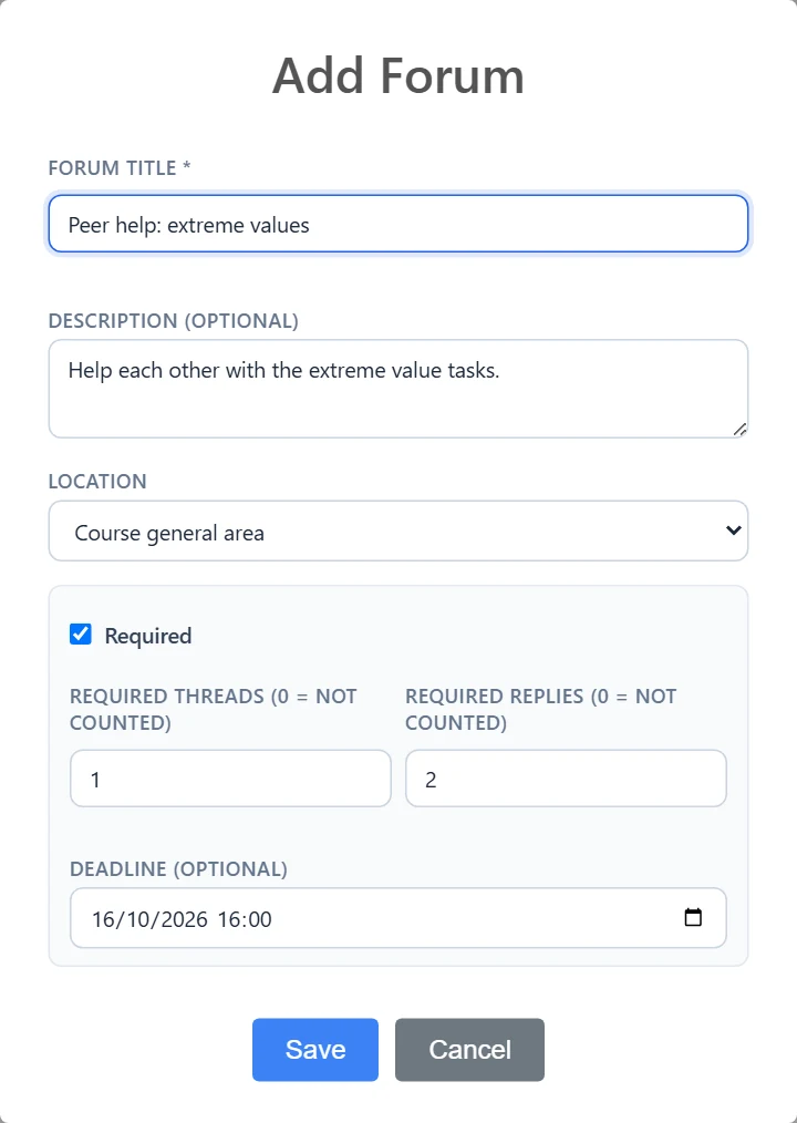 The Add Forum form: title (required), description, location and Required. When Required is ticked, the form shows the required threads and replies and the deadline.