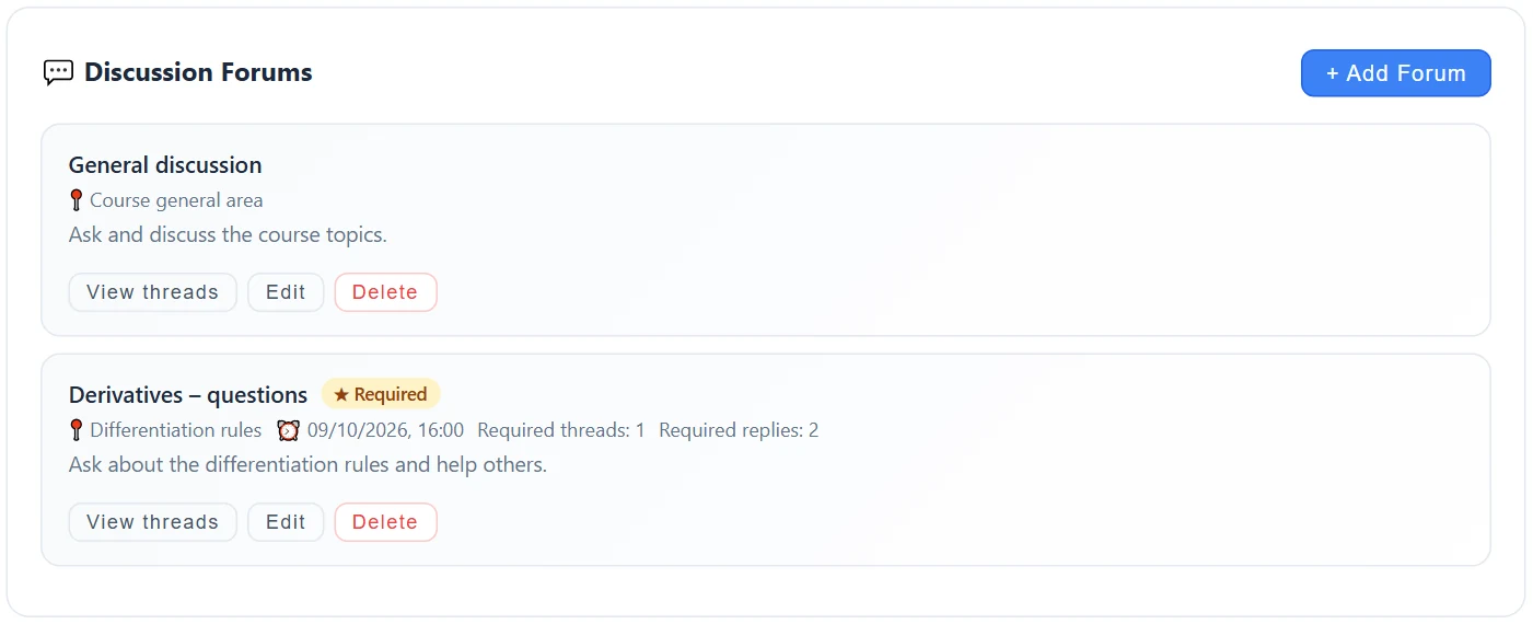 The course’s Discussion Forums tab: forum cards with their location (📍), the ★ mark of a required forum, the deadline and requirements, and the View threads / Edit / Delete buttons.