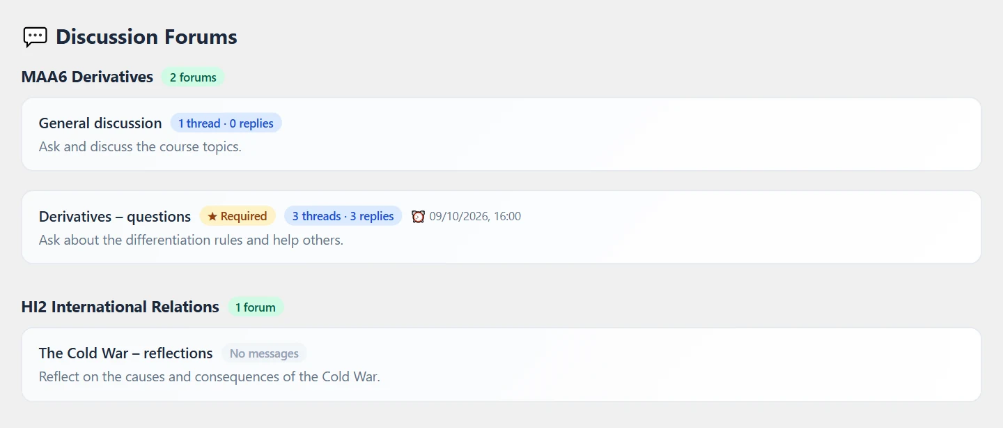 The Discussion Forums view: forums grouped by course; each forum shows the number of threads and replies (or “No messages”), whether it is required and the deadline.