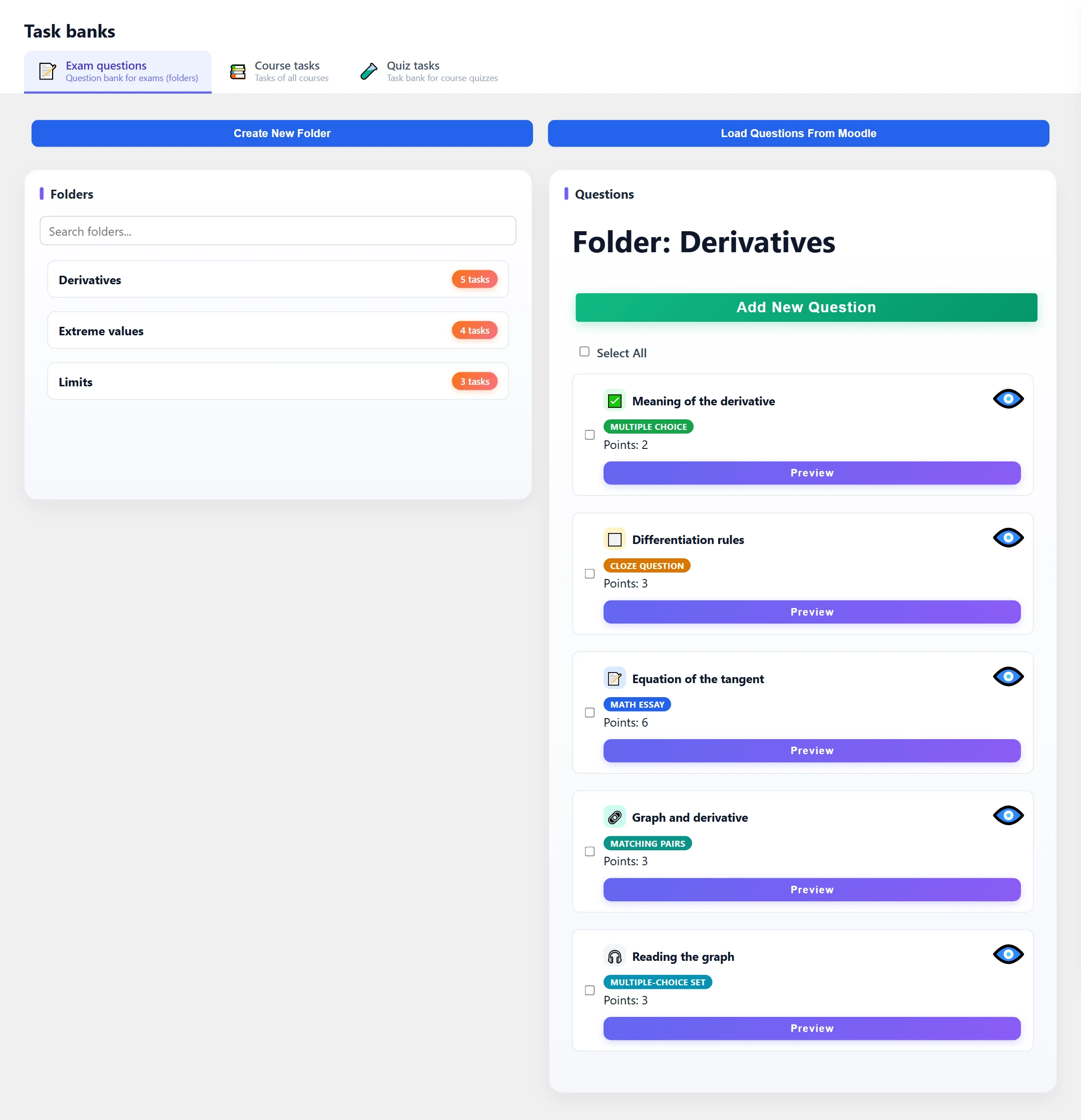 The Exam questions tab of the Task banks view: folders with their task counts on the left, the questions of the open folder (Derivatives) on the right – multiple choice, cloze, math essay, matching pairs and a multiple-choice set.