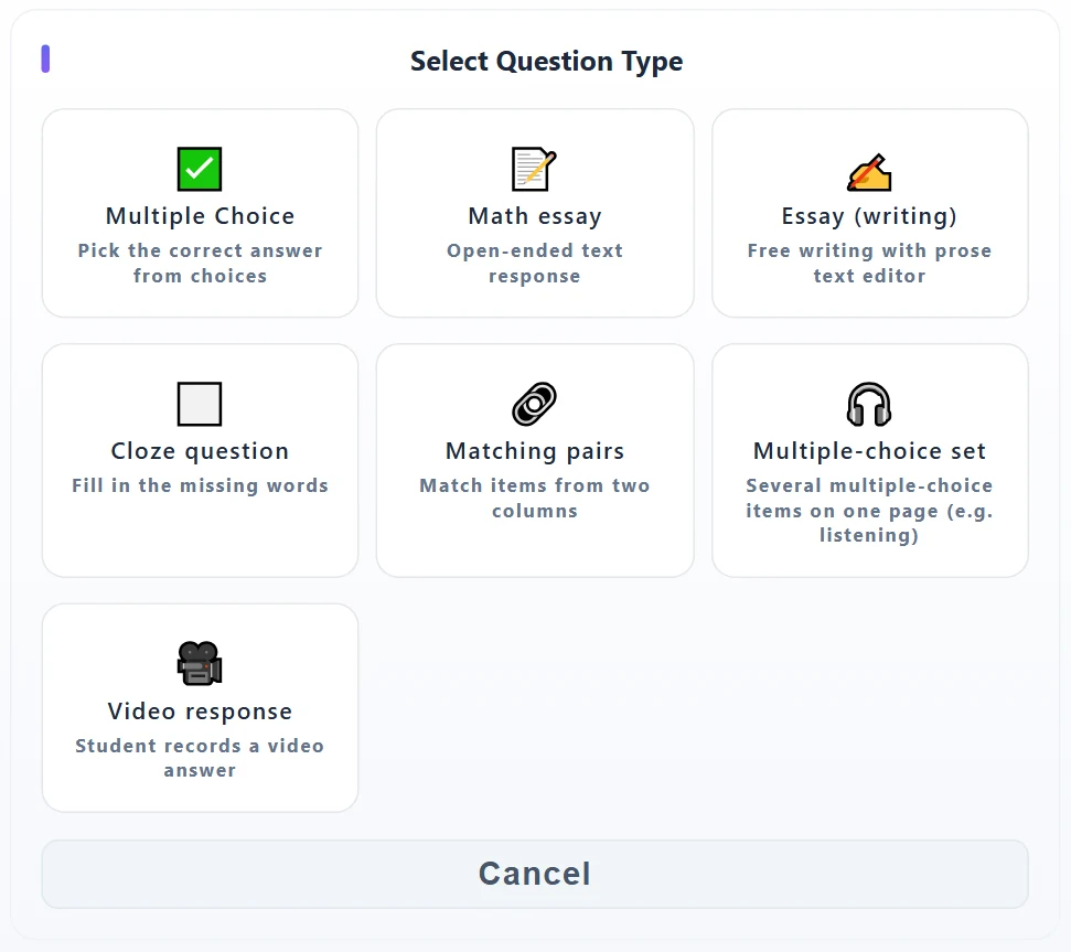 The bank’s question type menu: seven types – the same as in the exam editor, except for the Load from Bank, Random Question and Matriculation exam tasks cards.