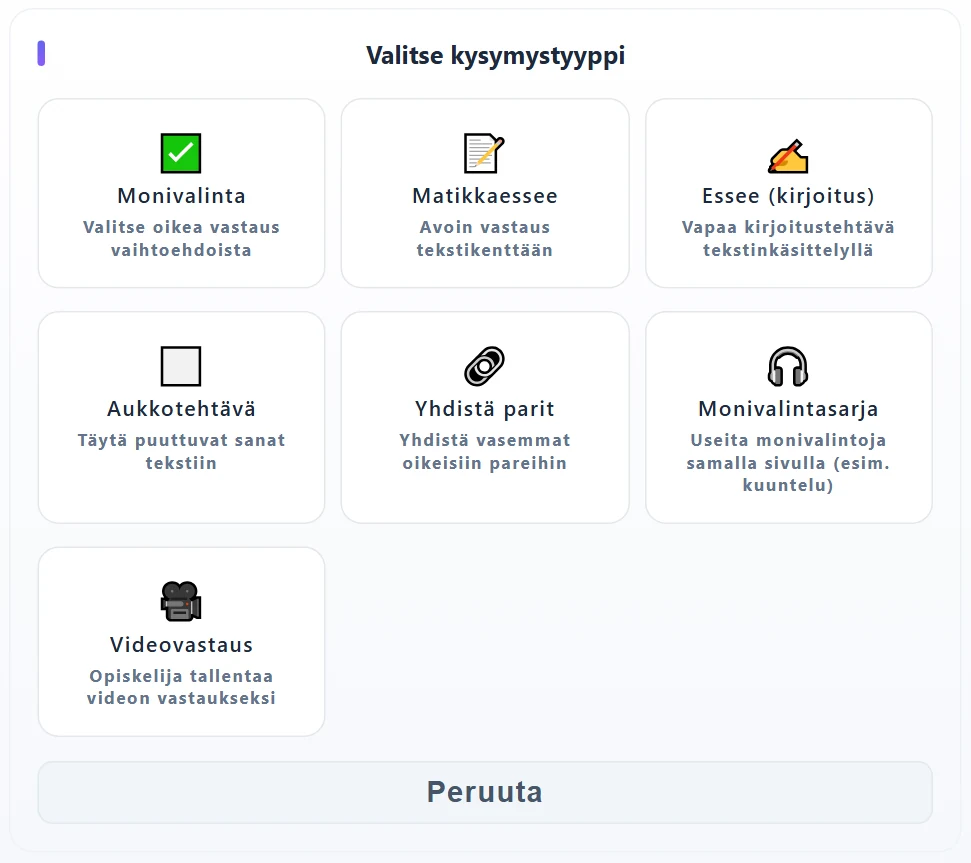 Pankin tehtävätyyppivalikko: seitsemän tyyppiä – samat kuin kokeen editorissa lukuun ottamatta Lataa pankista-, Satunnainen kysymys- ja YO-tehtävät-kortteja.