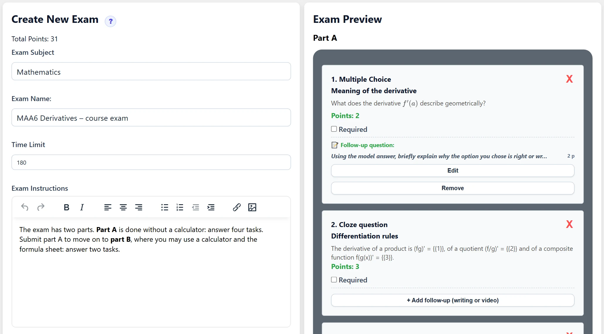 The exam editor: settings and the Save Exam and 👁 Preview buttons on the left, questions on the right. The point total updates at the top.
