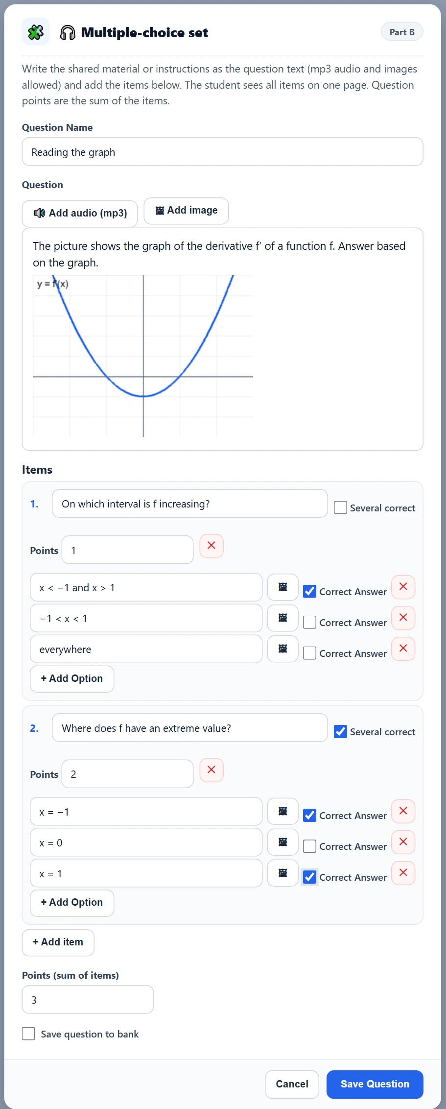 The multiple-choice set form: a shared prompt (image and mp3 audio allowed) and items with their own options and points. The total points are calculated automatically.