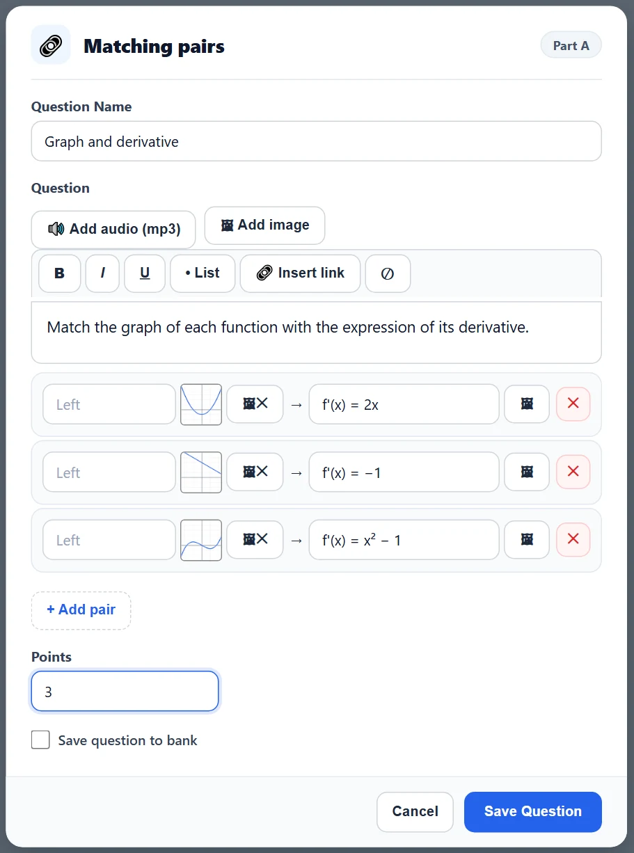 A pair row: a text field and a 🖼 button on each side. An added image appears as a thumbnail, and 🖼✕ removes it.
