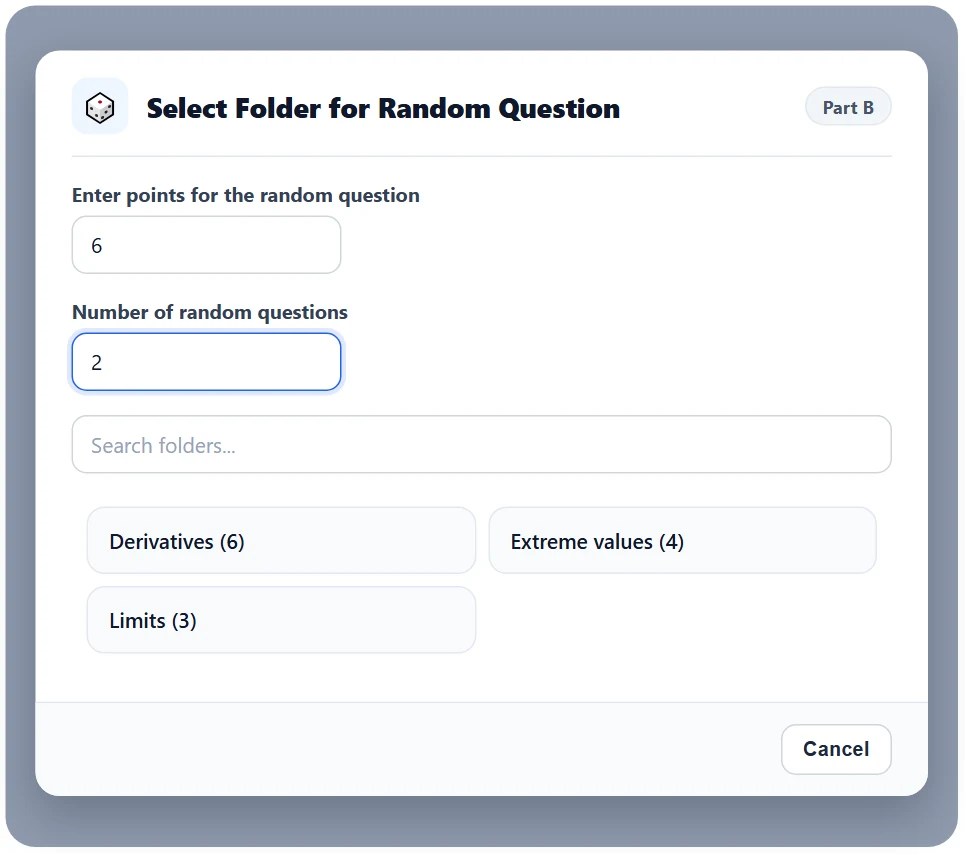 First enter the points and the number, then click a folder. The number in brackets is how many questions the folder has.