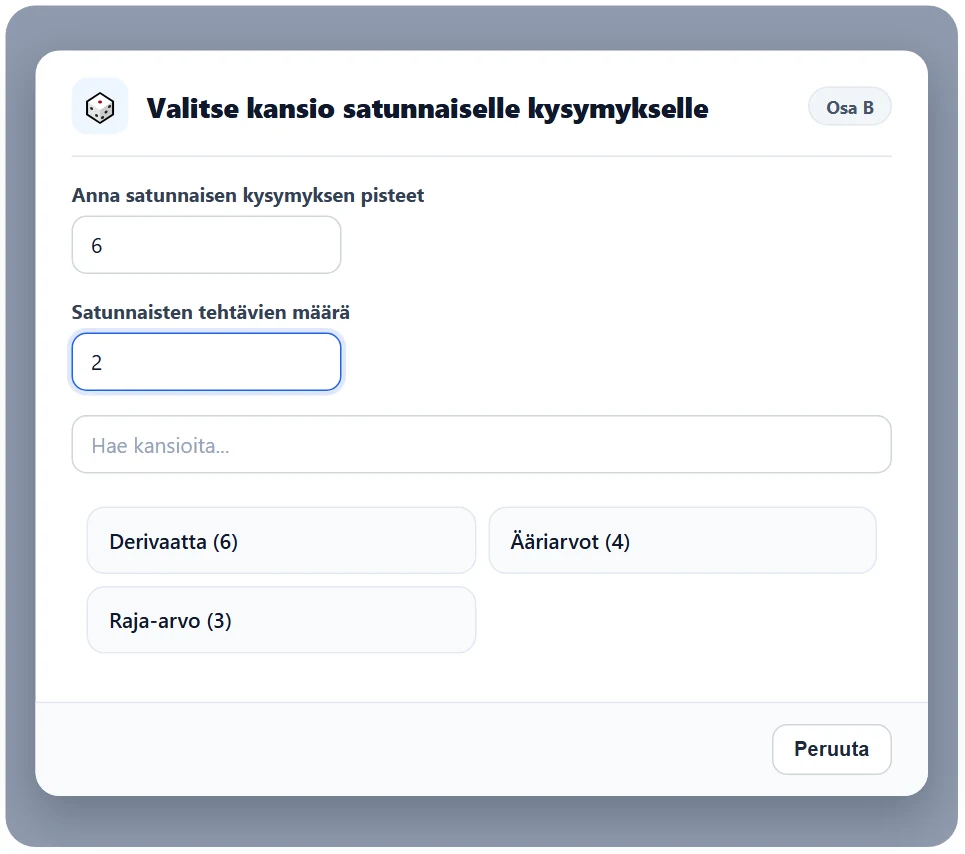 “Valitse kansio satunnaiselle kysymykselle”: pisteet 6 ja määrä 2 on annettu, seuraavaksi klikataan kansiota. Suluissa on kansion tehtävien määrä.