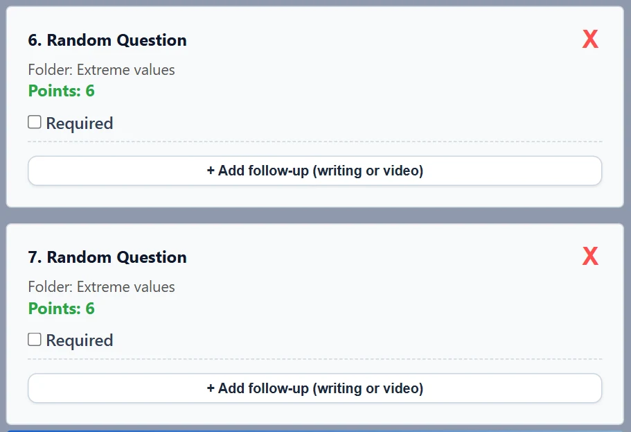 First enter the points and the number, then click a folder. The number in brackets is how many questions the folder has.