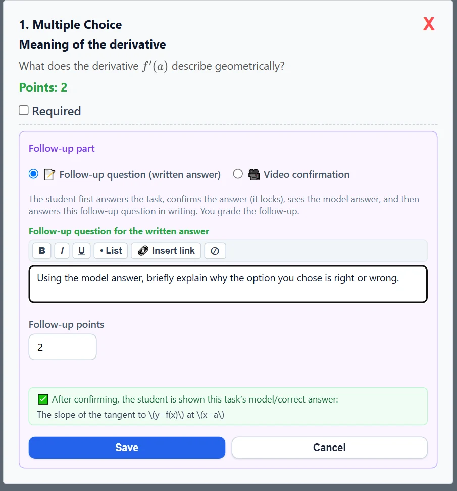 The follow-up question form: the question, points and a preview of the model answer the student sees after confirming.