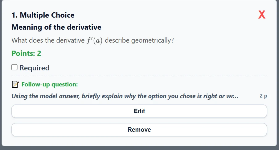 The follow-up question form: the question, points and a preview of the model answer the student sees after confirming.