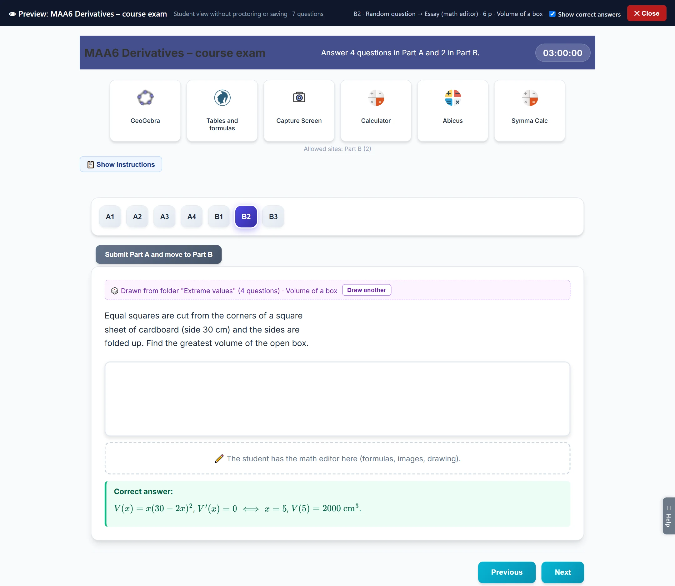 The preview window: the top bar shows the name, number of questions, the open question, “Show correct answers” and “✕ Close”. Below it is the student’s exam view.