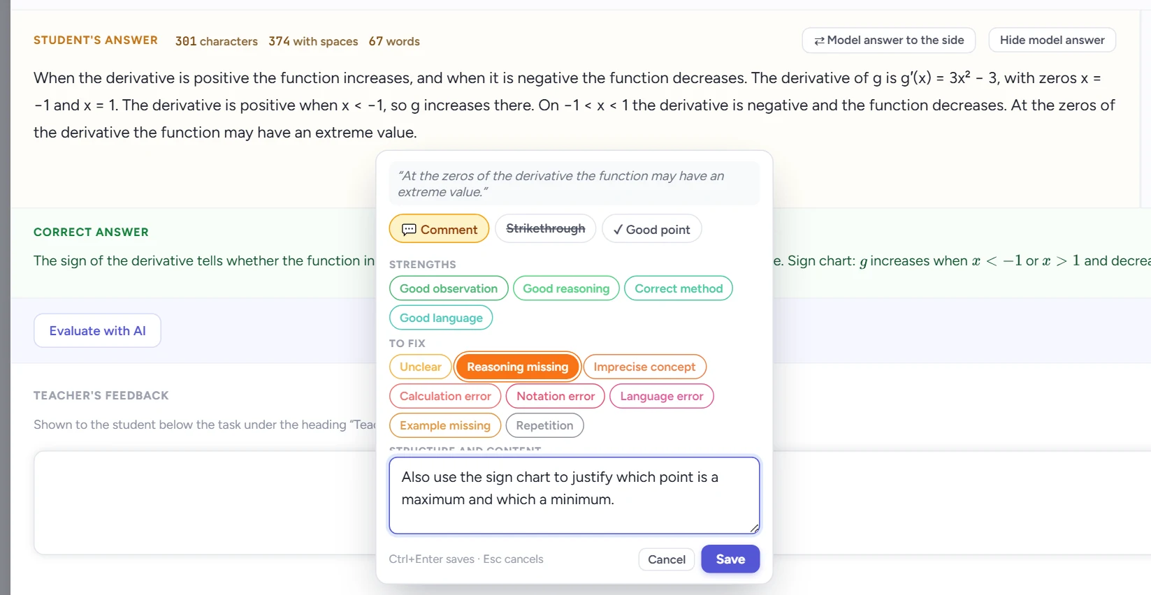 A selected passage opens the annotation window: choose the type and tags (here Reasoning missing), write a comment and press Save.