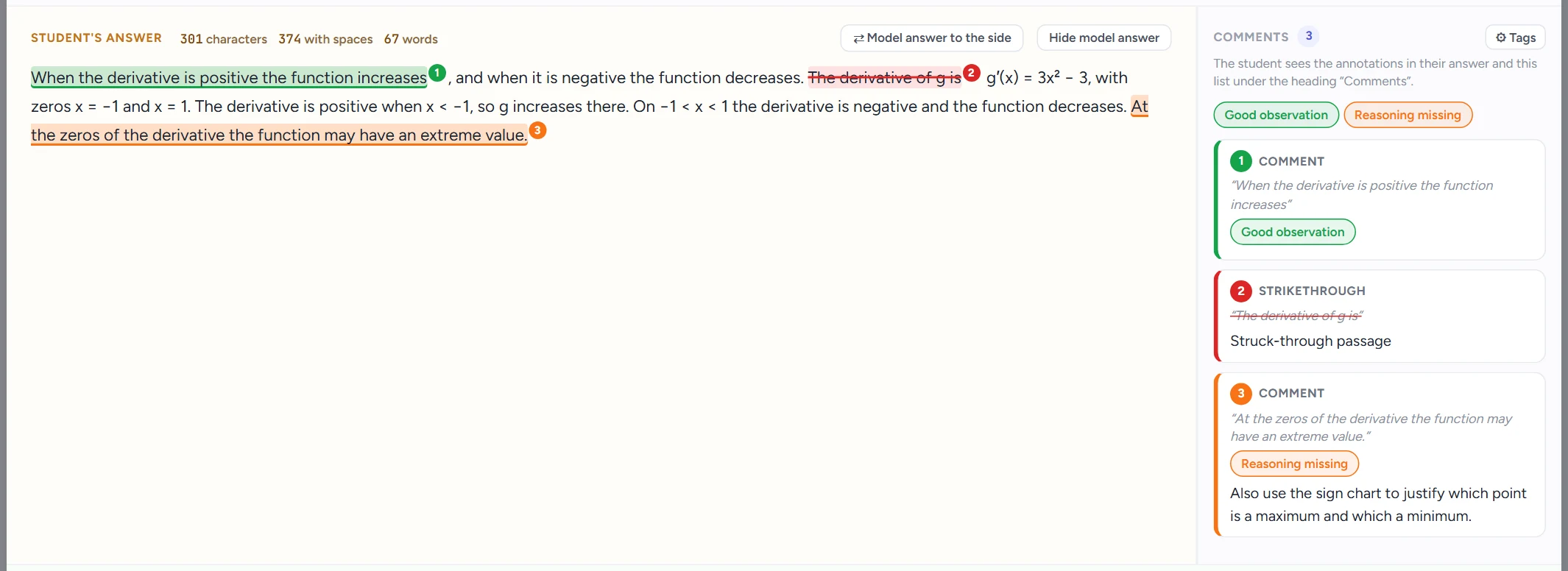 An answer with three annotations (good observation, strikethrough and a comment tagged Reasoning missing) and the Comments panel with its tag summary.