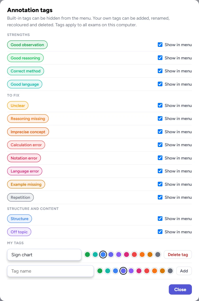 Annotation tags: visibility of the built-in tags in the menu and your own tags (here a new tag Sign chart).