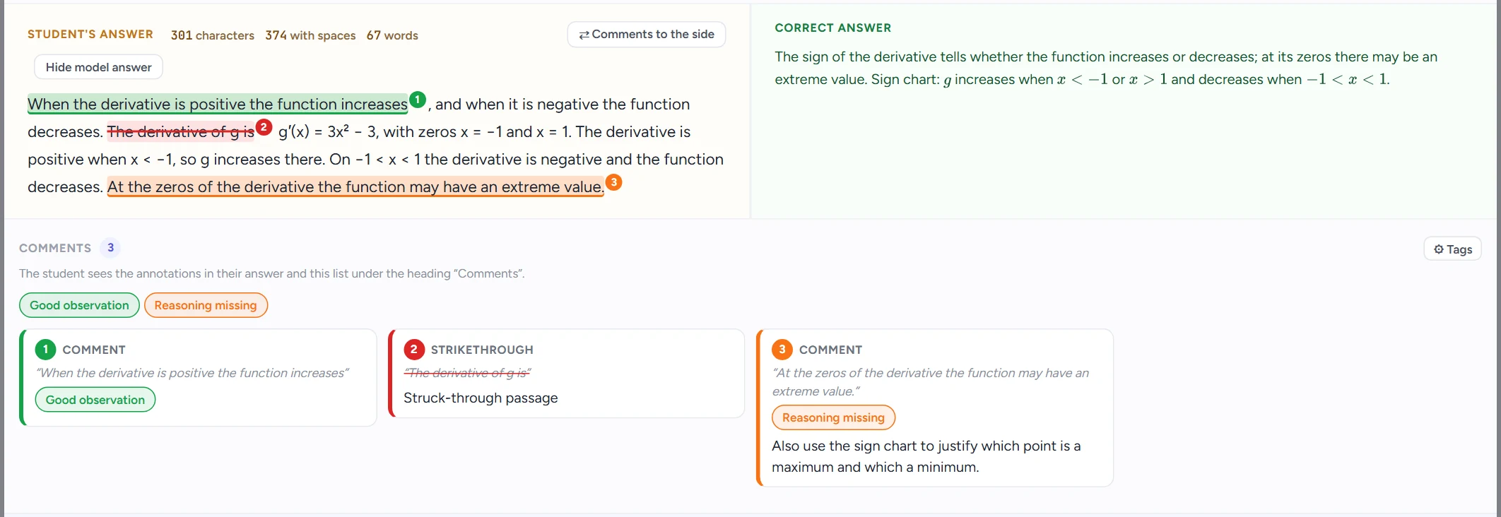 Model answer to the side (⇄ Model answer to the side): the student’s answer and the model answer side by side, the comments below. In mathematics, for example, the answer is easy to compare with the model line by line. ⇄ Comments to the side returns the default layout.