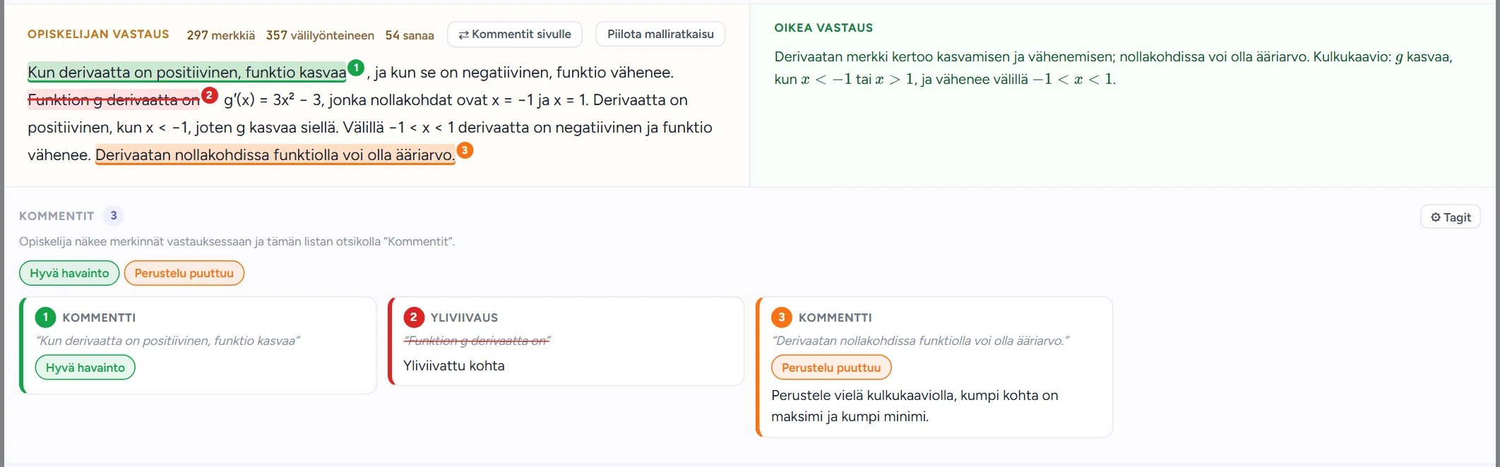 Malliratkaisu sivulla (⇄ Malliratkaisu sivulle): opiskelijan vastaus ja malliratkaisu vierekkäin, kommentit alla. Esimerkiksi matematiikassa vastausta on helppo verrata malliin rivi riviltä. Napista ⇄ Kommentit sivulle palataan oletusasetteluun.