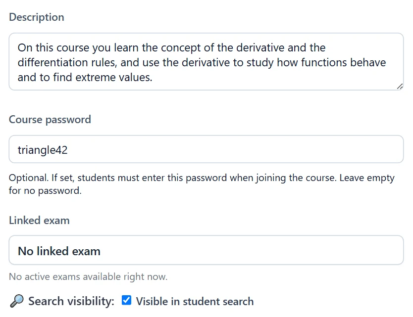 The course description, password and search visibility are on the Basic Info tab of the course editor.