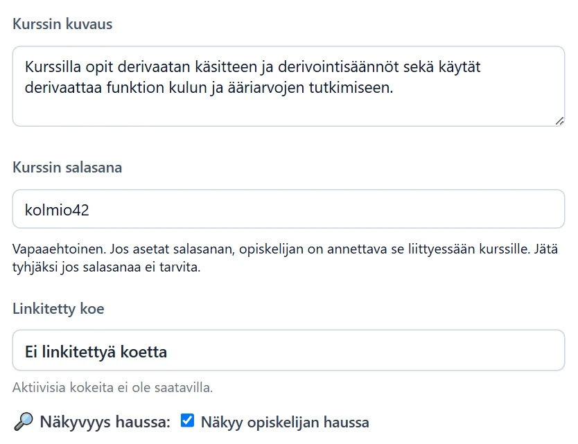 Kurssin kuvaus, salasana ja näkyvyys haussa löytyvät kurssieditorin Perustiedot-välilehdeltä.