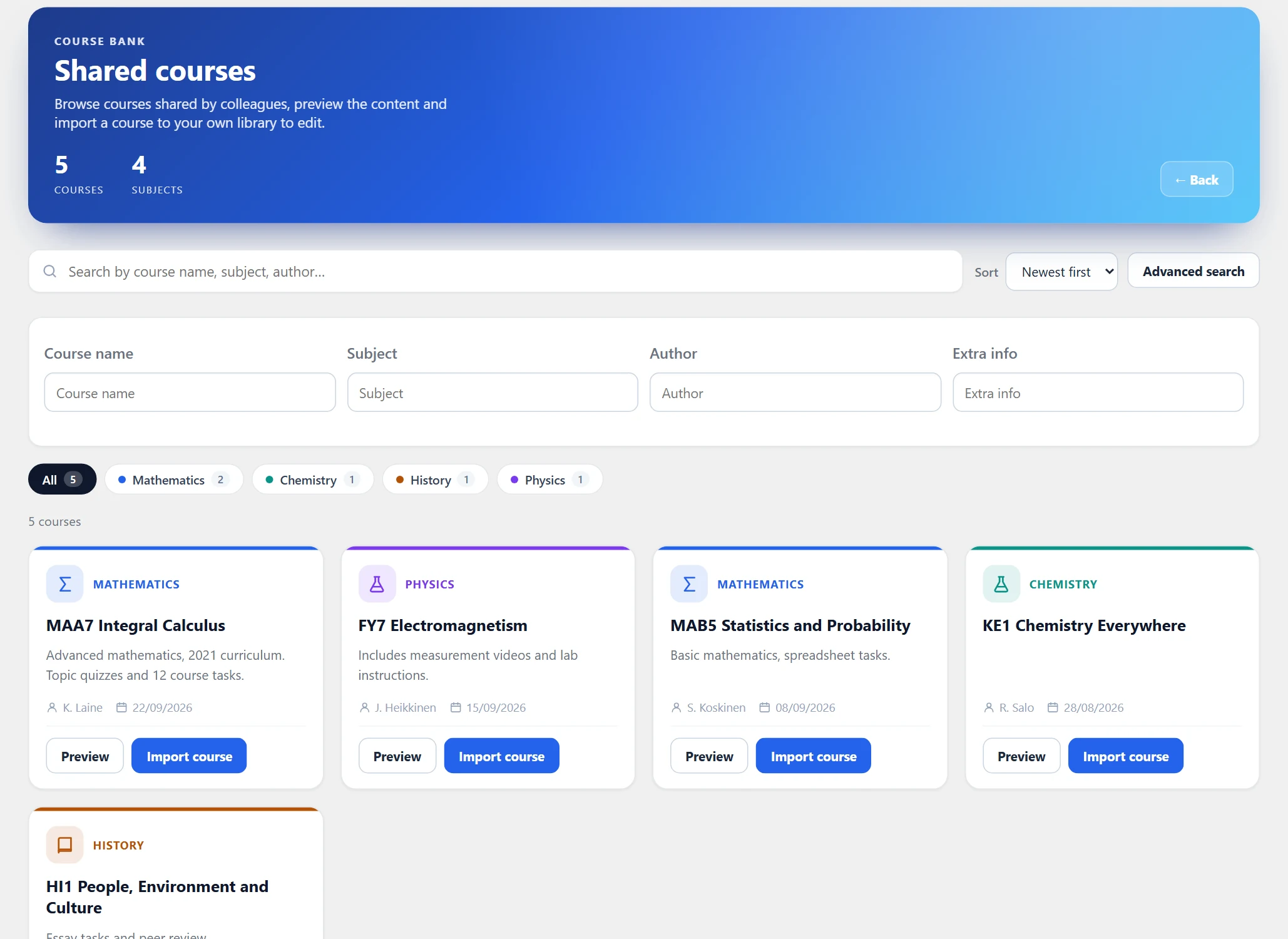 The course bank (Shared courses): search, sort, advanced search opened, subject buttons and course cards.