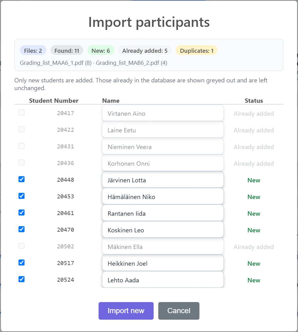 PDF import: summary, recognised students and status. Names that are already saved are shown in grey and are not changed.