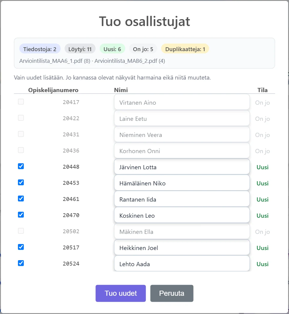 PDF-tuonti: yhteenveto, tunnistetut opiskelijat ja tila. Jo tallennetut nimet näkyvät harmaina eikä niitä muuteta.