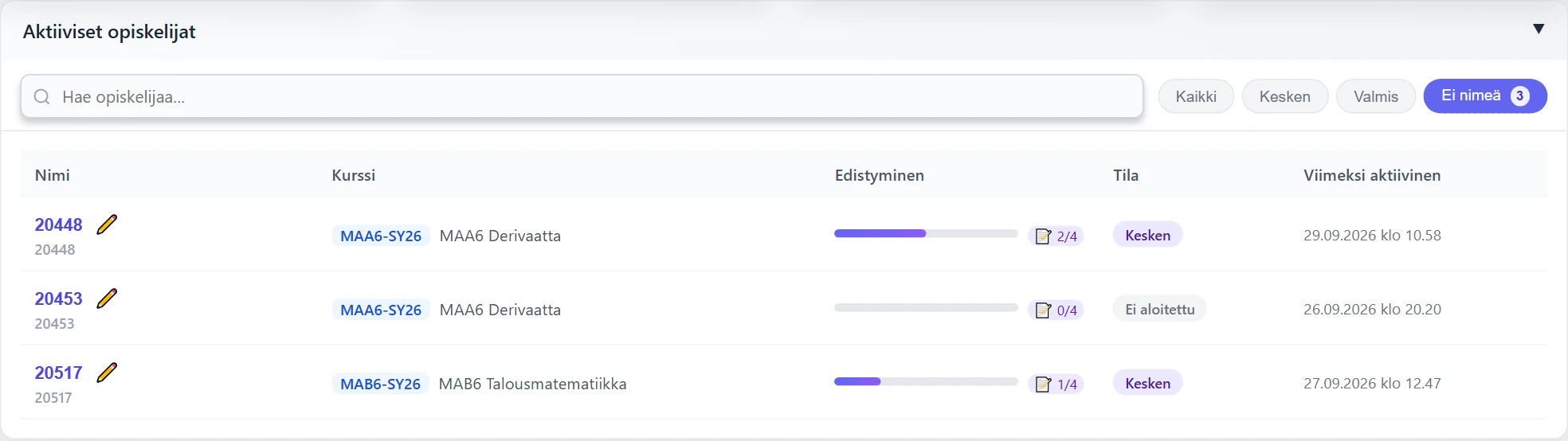 “Ei nimeä” -suodatin näyttää opiskelijat, joilta nimi puuttuu. ✏️ avaa nimen lisäyksen.