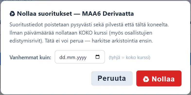 Nollaus: poistaa suoritukset pysyvästi pilvestä ja koneelta. Toimintoa ei voi perua.