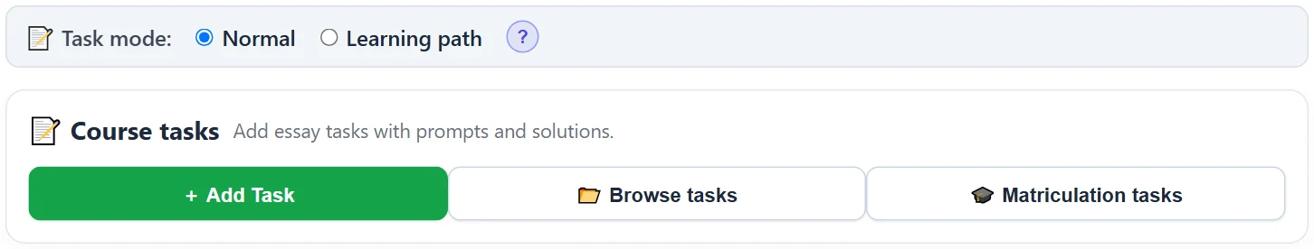 Task mode (Normal / Learning path) and managing course tasks.