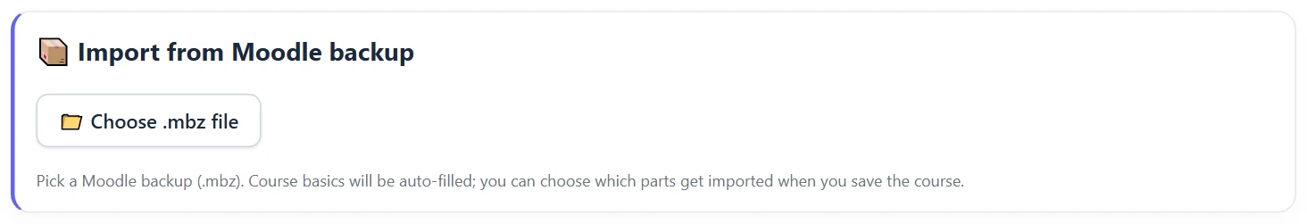 Moodle import is shown on the Basic Info tab when you create a new course.