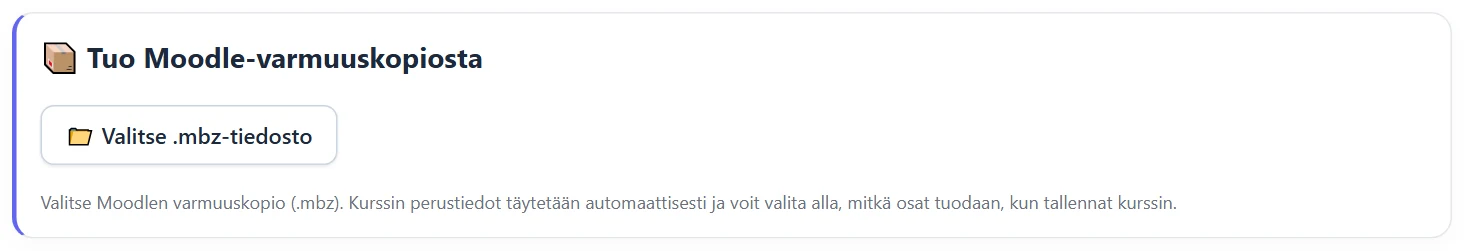 Moodle-tuonti näkyy Perustiedot-välilehdellä uutta kurssia luotaessa.