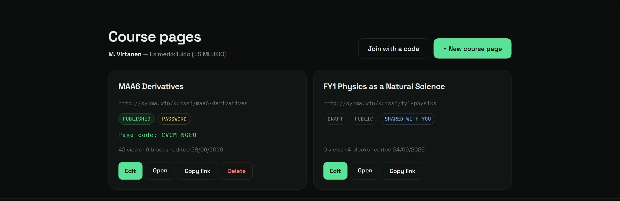The page list: status labels, page code, view count and actions.