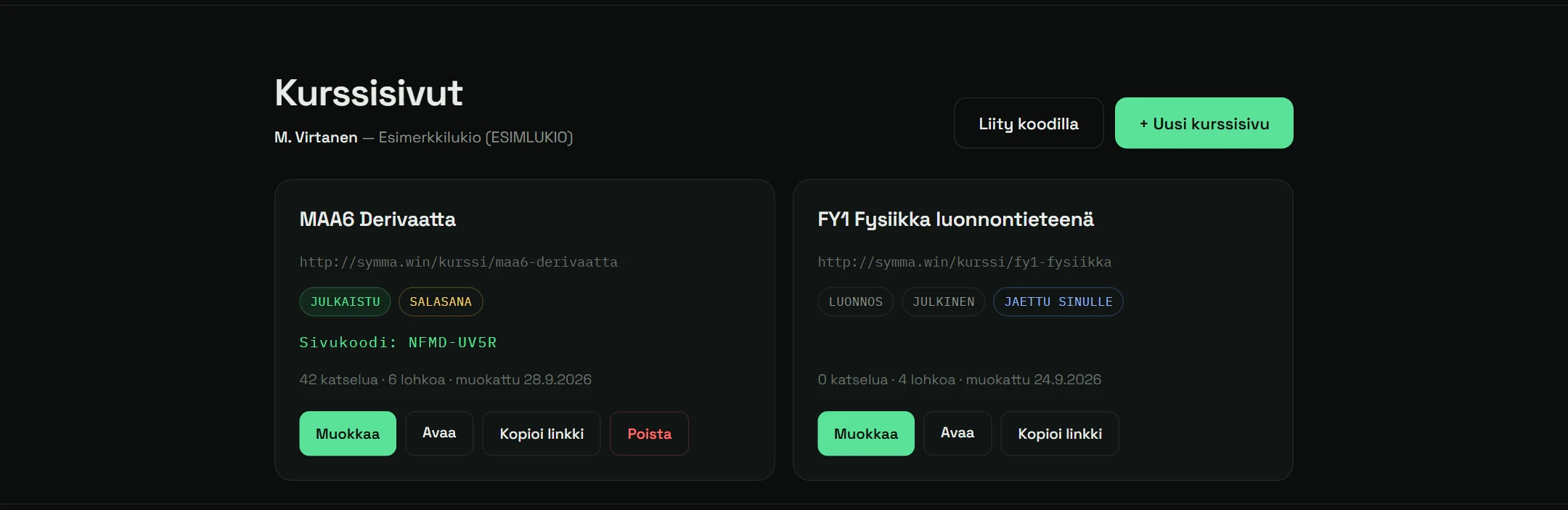 Sivulista: tilamerkinnät, sivukoodi, katselukerrat ja toiminnot.