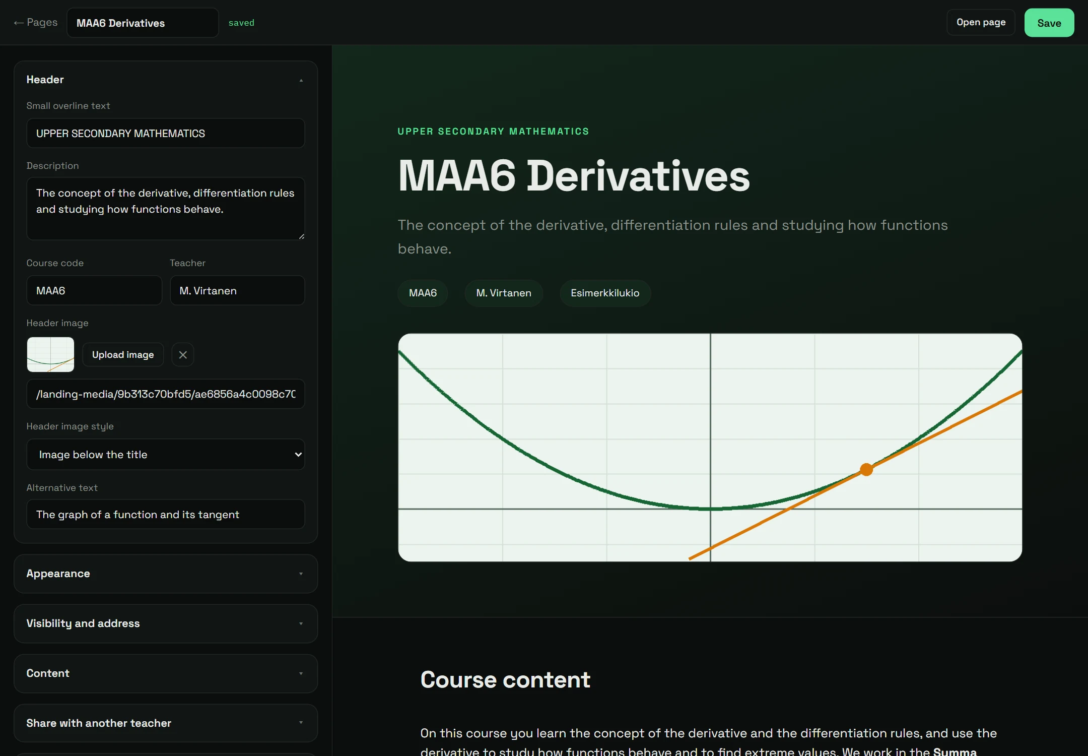 The editor: settings sections on the left (Header opened), preview on the right (Forest theme and a header image below the title in the picture).