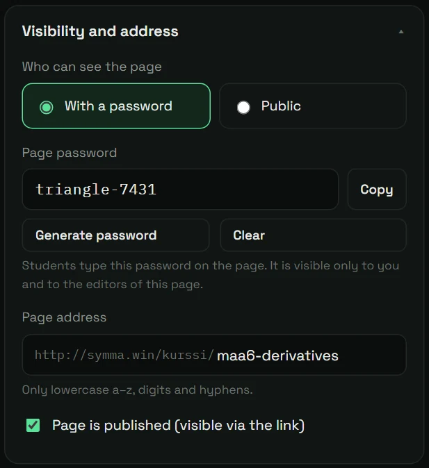 Visibility and address: password, address and publishing.