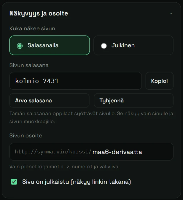 Näkyvyys ja osoite: salasana, osoite ja julkaisu.