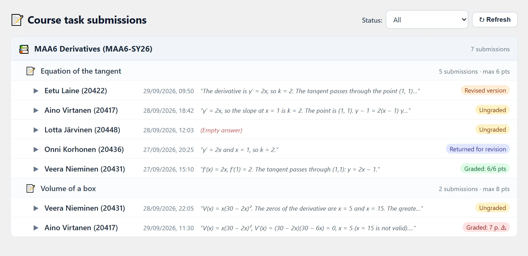 The All filter: course (📚) → task (📝) → submission rows. The rows show every status: Revised version, Ungraded (also an empty answer), Needs revision, Graded and Graded ⚠.