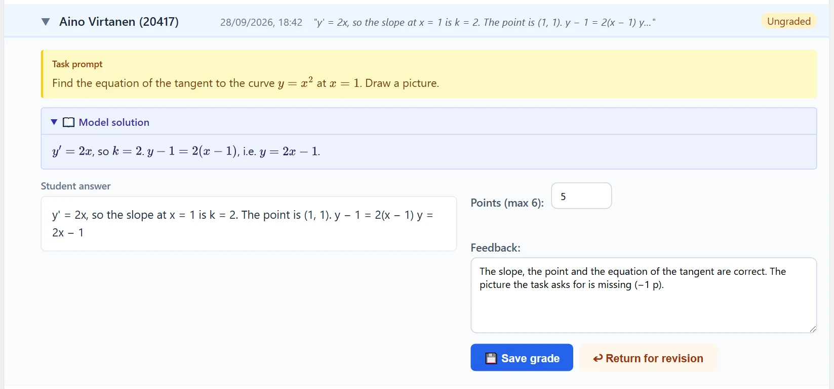 An opened submission: task prompt, model solution (opened), the student’s answer and the grading form with points and feedback filled in. Buttons: Save grade and Return for revision.