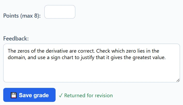 Feedback written and the task returned for revision: the form shows ✓ Returned for revision, and the Return for revision button is no longer shown. Before sending, the app asks for confirmation in a separate window.