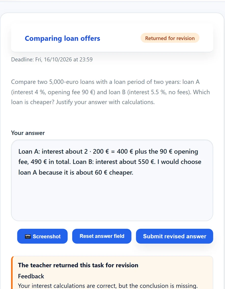 The student app’s task card in a revision round: status Needs revision, the answer editable, the Submit revised answer button and the teacher’s feedback below the answer (image from the student app’s guide video).