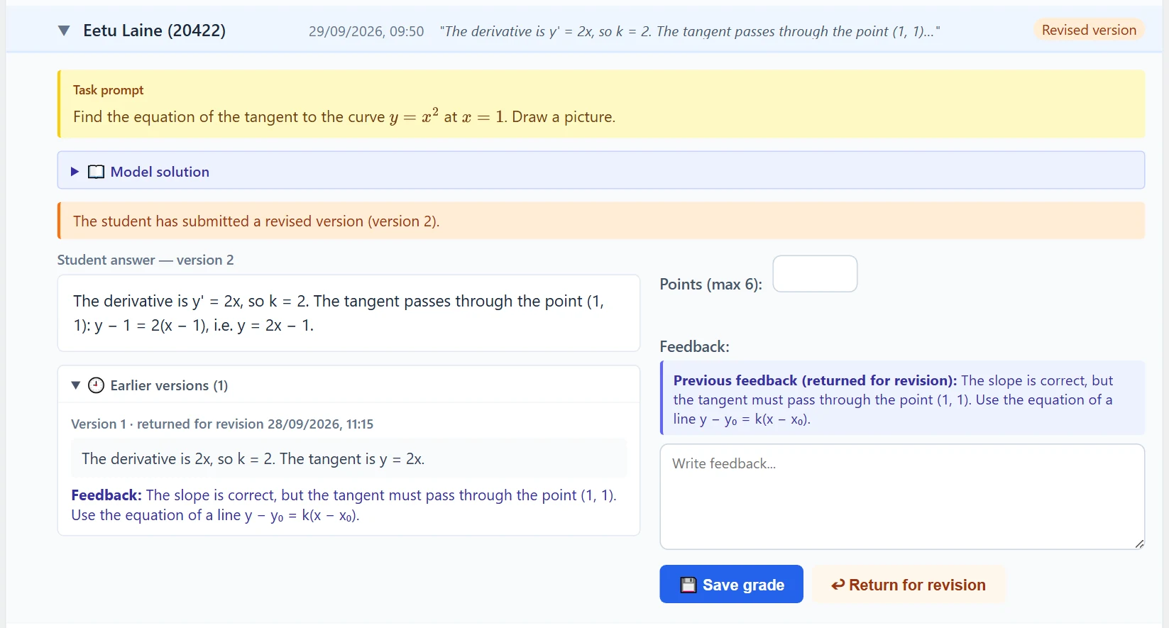 A revised version waiting to be graded: the version 2 notice, the opened “Earlier versions” block (the previous answer and the feedback you returned it with) and the previous feedback above the feedback field. The feedback field is empty.